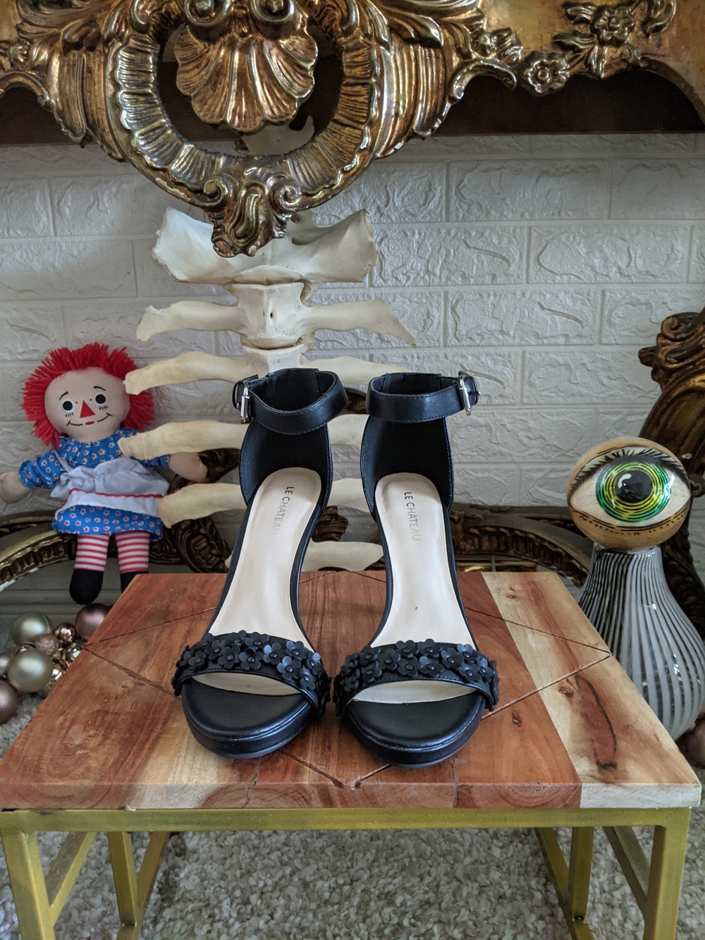 le chateau Black Floral Appliqué Ankle-Strap Heels